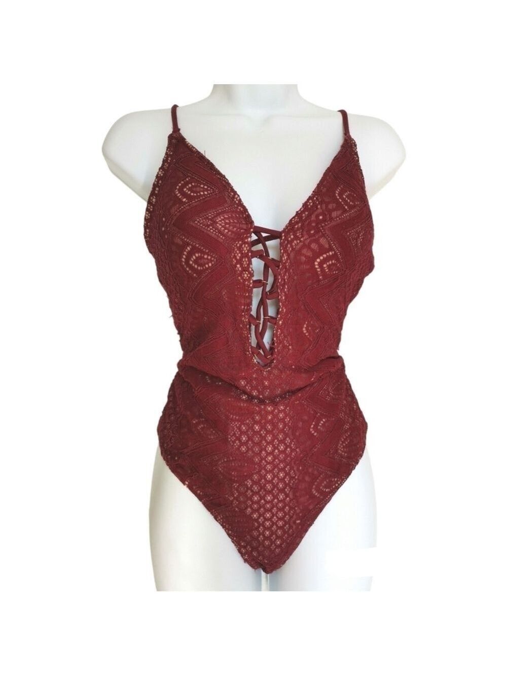 Vintage 90s burgundy bodysuit lace mesh size L